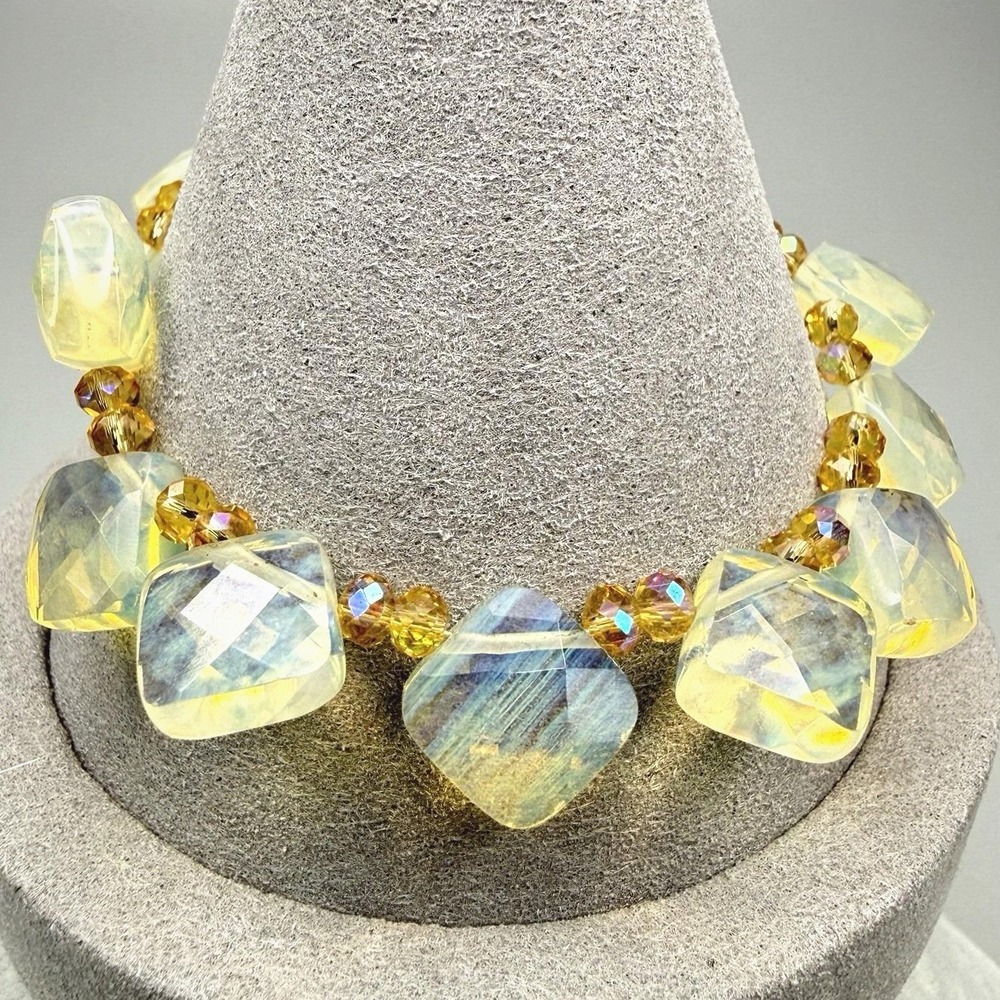 Vintage Opalite Glass Bead Bracelet Yellow Crystal 6.5"